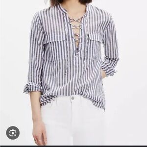 Madewell Striped Terrace Lace-Up Shirt Women's Size M Blue White Long Sleeve